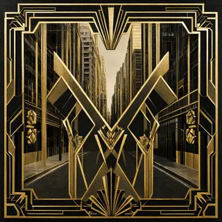 A city street scene in the style of Art Deco — geometric sha