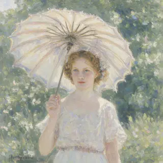 A woman with a parasol in the style of Impressionism — soft 