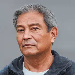 A portrait of a middle-aged man with a calm, serious express