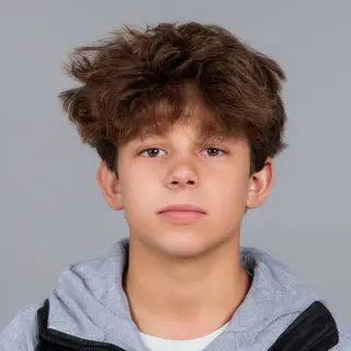 A headshot of a teenager with a relaxed, neutral face