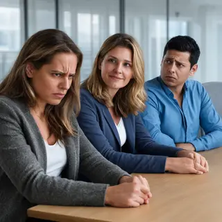 Three coworkers in a meeting: one looking frustrated with fu