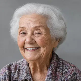 An elderly woman in her 80s with deep wrinkles and white hai