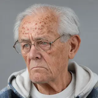 An elderly man in his 70s with age spots and thinning gray h