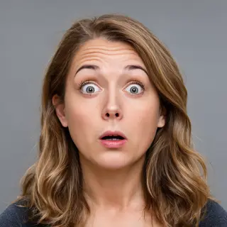 A portrait capturing genuine surprise — raised eyebrows, wid