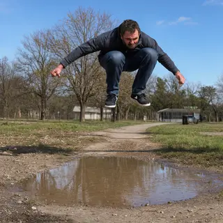 A man captured mid-jump over a puddle, body in the air with 