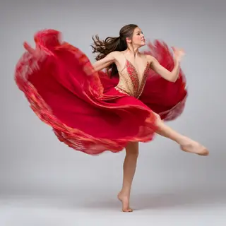 A dancer in a dynamic spin, dress flowing outward with one l