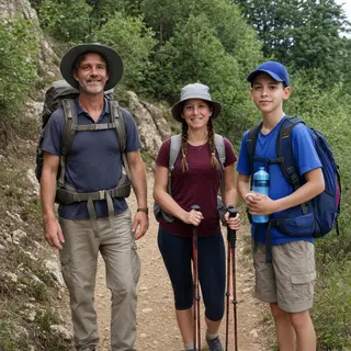 Three hikers on a trail: a man with a backpack and sunhat, a