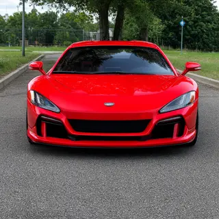 A bright red sports car parked on a gray asphalt road — the 