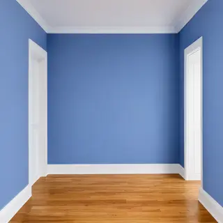 A room with walls in #4A90D9 (medium blue) with warm wooden 