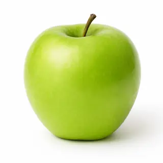 A ripe green apple on a seamless white background with soft 