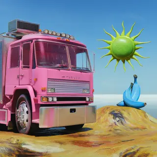 A pink fire truck, a blue banana, and a green sun in a surre