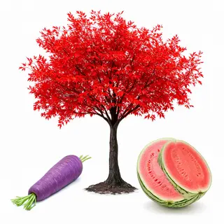 A purple carrot, a red tree with red leaves, and a white wat