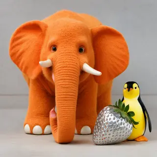 An orange elephant, a yellow penguin, and a silver strawberr