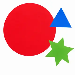 A large red circle, a small blue triangle, and a medium gree