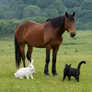A big brown horse, a small white rabbit, and a medium-sized 