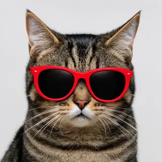 A tabby cat wearing oversized red sunglasses