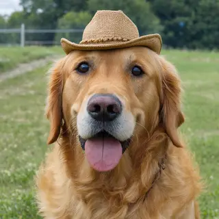 A golden retriever wearing a tiny cowboy hat