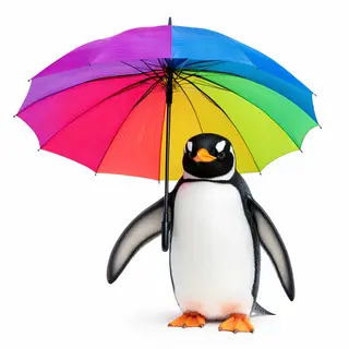 A penguin holding a colorful umbrella