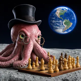 An octopus wearing a top hat and monocle playing chess on th