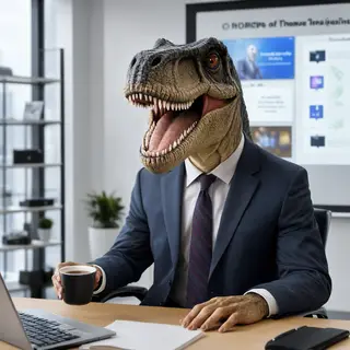 A dinosaur in a business suit giving a PowerPoint presentati