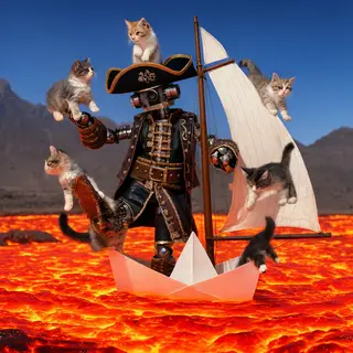 A robot dressed as a pirate sailing a paper boat on a lake o