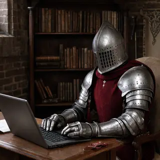 A medieval knight in full armor sitting at a desk typing on 