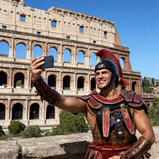 A Roman gladiator taking a selfie with a smartphone in the C