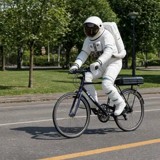 An astronaut in a spacesuit riding a bicycle through a park