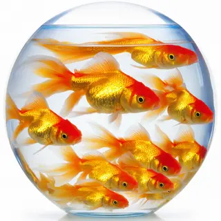 Exactly 9 goldfish swimming in a large round fishbowl