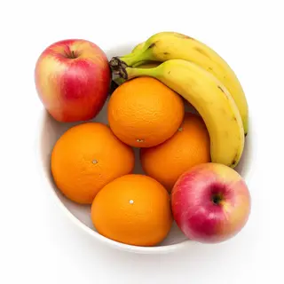 A fruit bowl containing exactly 3 bananas, 4 oranges, and 2 