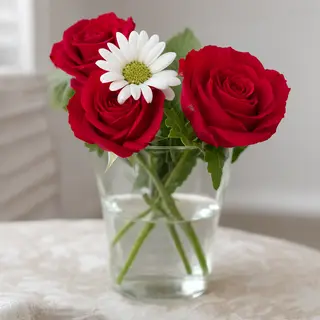 4 red roses and 2 white daisies in a glass vase on a table