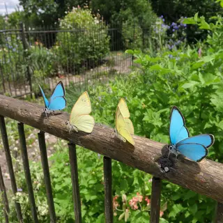 1 blue butterfly and 3 yellow butterflies resting on a garde