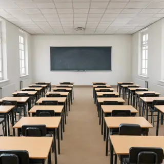 A classroom with desks and a chalkboard but no students