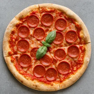 A pepperoni pizza with tomato sauce, basil, and crust but ab