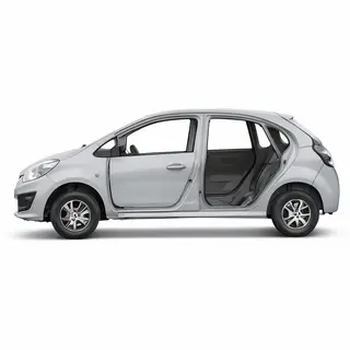 A car body with windows, doors, and headlights but no wheels