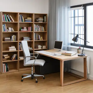 An office workspace with a desk, chair, bookshelf, and lamp 