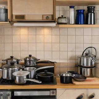 A kitchen with pots, pans, a stove, and a cutting board but 