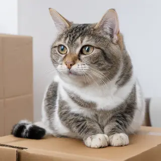 A cat sitting on top of a cardboard box