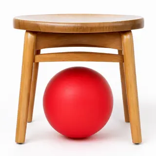 A red ball underneath a wooden chair