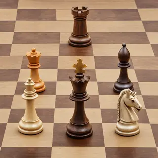 Five chess pieces on a board: a king in the center, a queen 