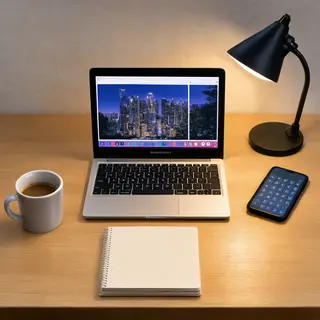 A desk scene: laptop in the center, coffee mug to the left, 