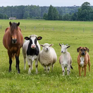 Five animals in a field: a horse on the far left, a cow to t