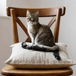 A cat sitting on a pillow, the pillow placed on a wooden cha