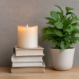 A candle on top of a stack of books, the books next to a pot