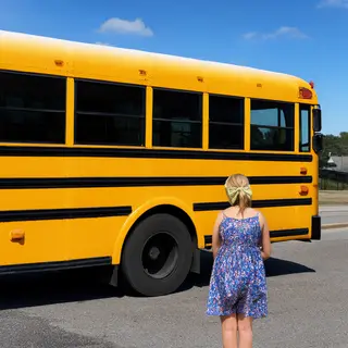 A person standing next to a yellow school bus, showing reali