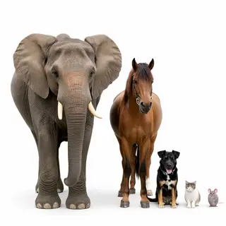 A group photo of an elephant, a horse, a dog, a cat, and a m
