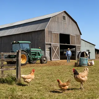A farm scene with a barn, tractor, farmer, cow, chicken, and