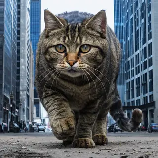 A giant tabby cat walking between city skyscrapers like a ka