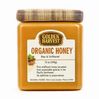 A product label for 'GOLDEN HARVEST ORGANIC HONEY' with subt