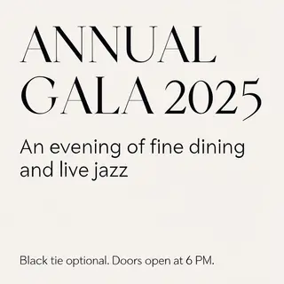 An event banner with headline 'ANNUAL GALA 2025' at the top 